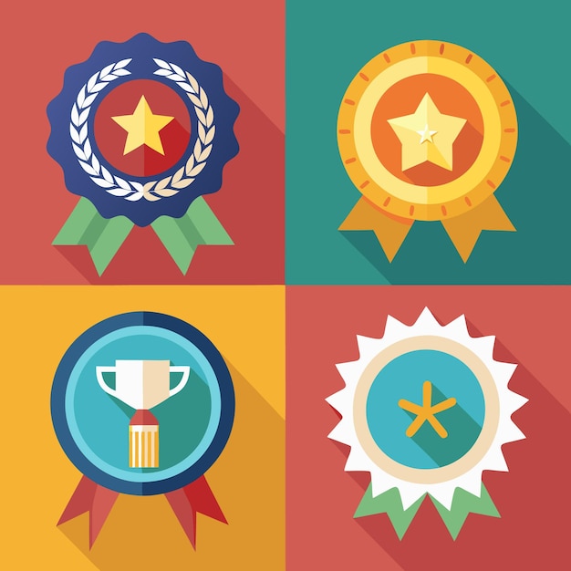 Conjunto de cuatro insignias de premio con cintas y diferentes símbolos