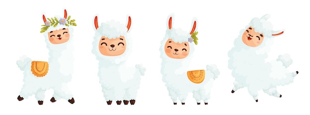 Conjunto de cuatro lamas lindos llama blanco feliz y alegre en diferentes poses estilo vectorial de dibujos animados