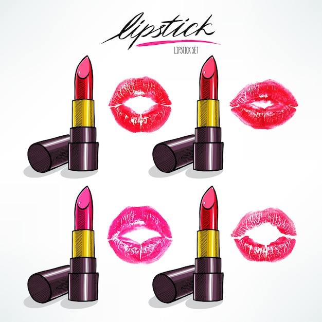 Conjunto con cuatro lápices labiales de diferentes colores y estampados de labios. ilustración dibujada a mano