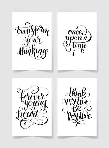 Conjunto de cuatro letras escritas a mano en blanco y negro colección de citas positivas para arte de pared imprimible