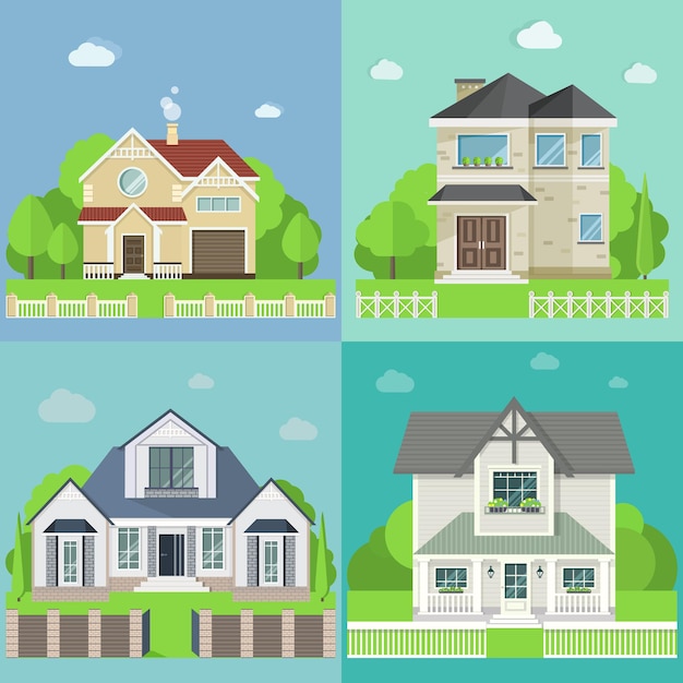 Conjunto de cuatro lindas casas con árboles. vector ilustraciones planas