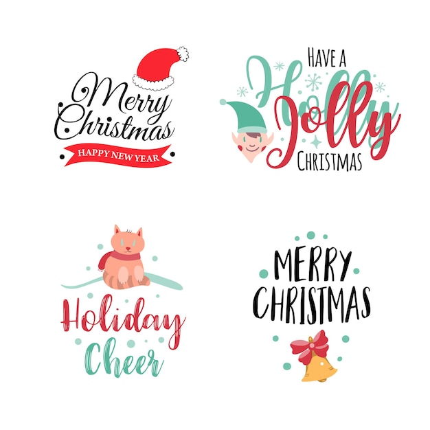 Conjunto de cuatro logotipos o insignias de navidad vector de árbol de navidad de dibujos animados lindo