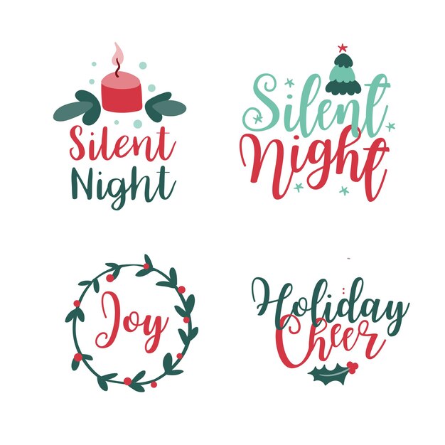 Conjunto de cuatro logotipos o insignias de navidad vector de árbol de navidad de dibujos animados lindo