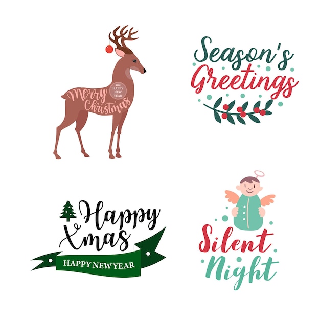 Conjunto de cuatro logotipos o insignias de navidad vector de árbol de navidad de dibujos animados lindo