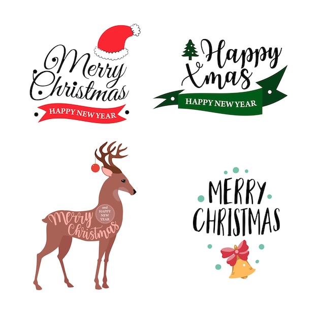 Conjunto de cuatro logotipos o insignias de navidad vector de árbol de navidad de dibujos animados lindo