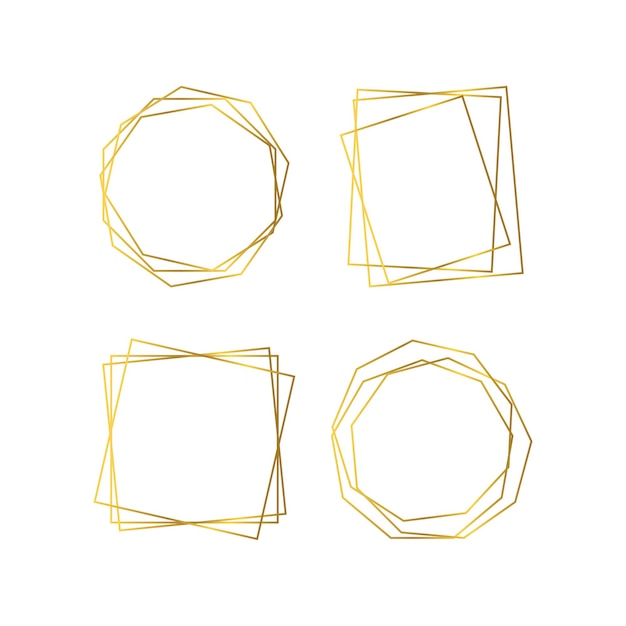 Conjunto de cuatro marcos poligonales geométricos dorados con efectos brillantes aislados sobre fondo blanco. Telón de fondo art deco que brilla intensamente vacío. Ilustración vectorial.