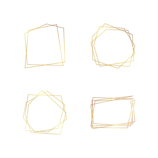 Conjunto de cuatro marcos poligonales geométricos dorados con efectos brillantes aislados sobre fondo blanco. Telón de fondo art deco que brilla intensamente vacío. Ilustración vectorial.