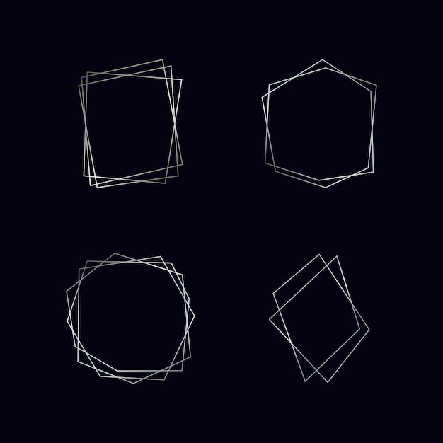 Conjunto de cuatro marcos poligonales geométricos plateados con efectos brillantes aislados sobre fondo oscuro Telón de fondo art deco brillante vacío Ilustración vectorial