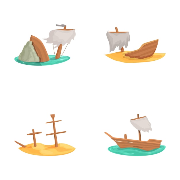 Conjunto de cuatro naufragios al estilo de dibujos animados, cada uno aislado en fondos de diferentes colores