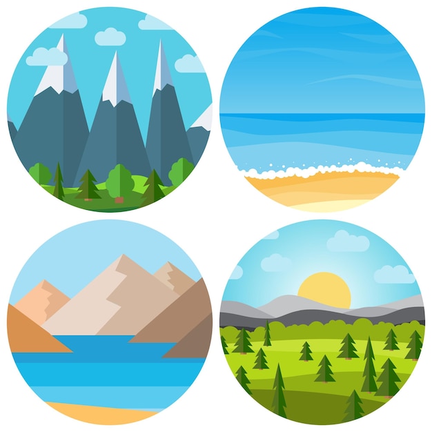 Conjunto de cuatro paisajes de dibujos animados vectoriales diferentes en círculo Paisaje natural en el estilo planoxA