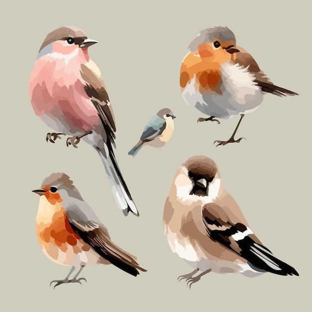 Conjunto de cuatro pájaros en estilo acuarela Sparrow robin linnet
