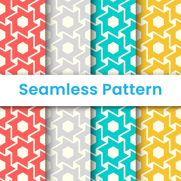 Un conjunto de cuatro patrones sin costuras vibrantes y modernos con hexágonos superpuestos