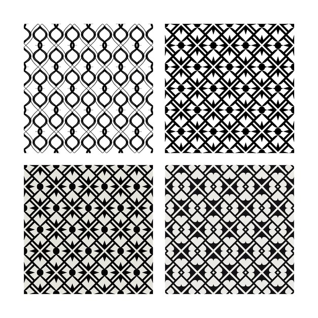 Conjunto de cuatro patrones geométricos sin costuras en blanco y negro