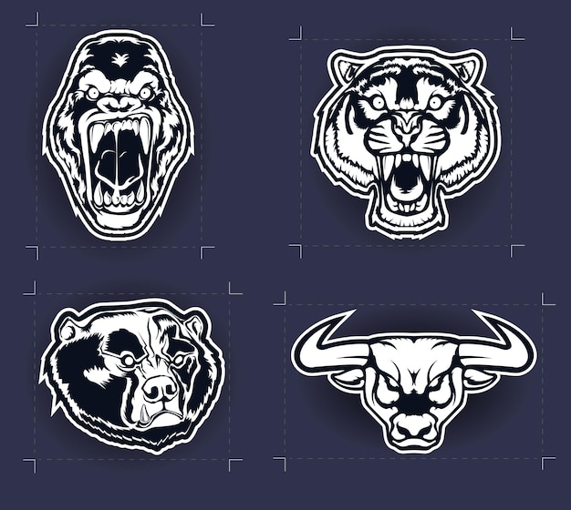 conjunto de cuatro pegatinas de animales agresivos en blanco y negro