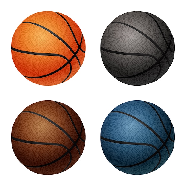 Vector conjunto de cuatro pelotas de baloncesto blancas aisladas