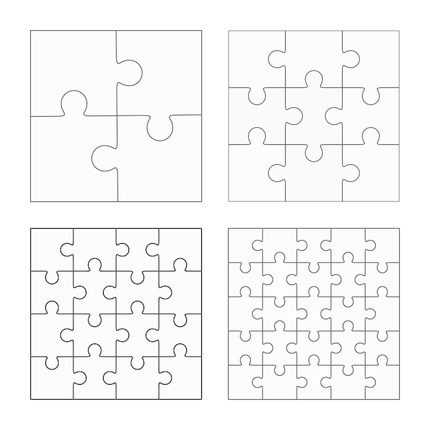 Vector conjunto de cuatro plantillas vectoriales de rompecabezas, piezas simples en blanco