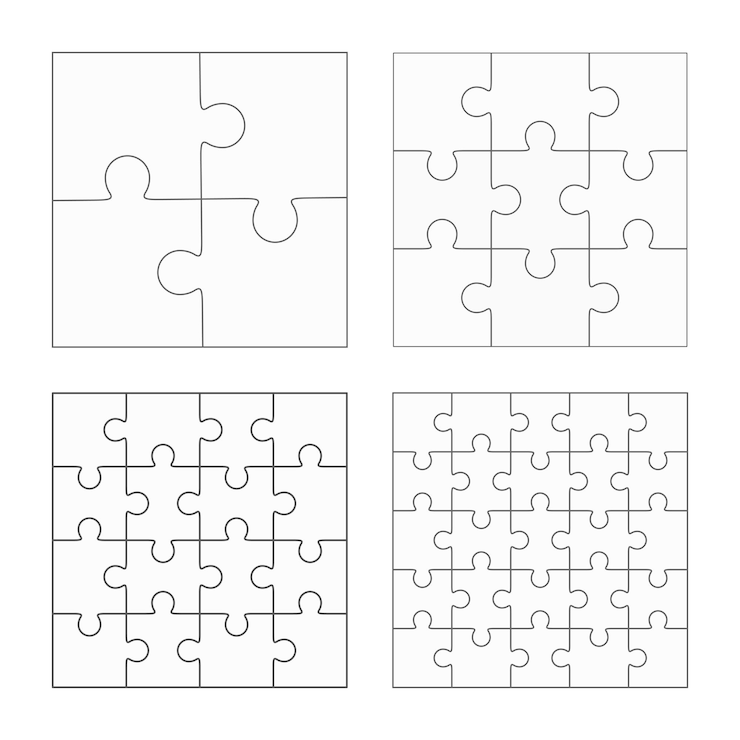Vector conjunto de cuatro plantillas vectoriales de rompecabezas, piezas simples en blanco