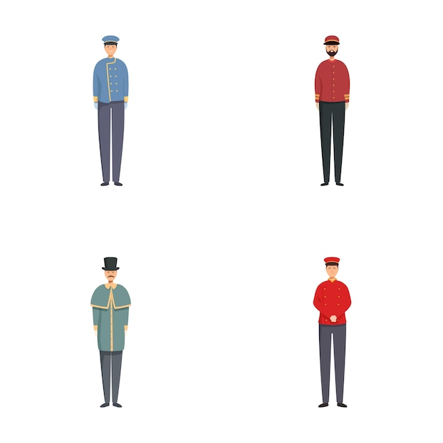 Conjunto de cuatro profesionales de servicio uniformados diversos de pie