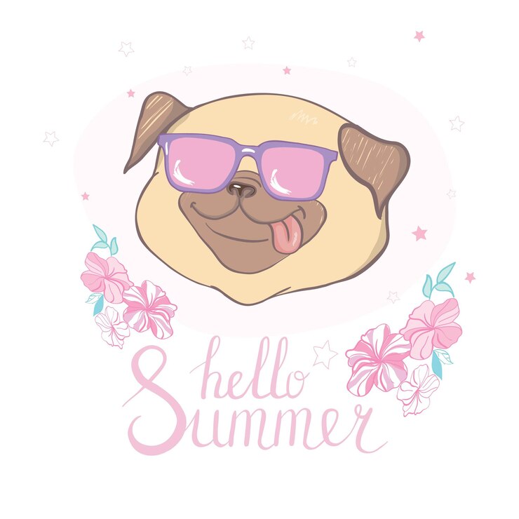 Vector conjunto de cuatro pugs de dibujos animados con gafas. ilustración de perro vector sobre fondo blanco