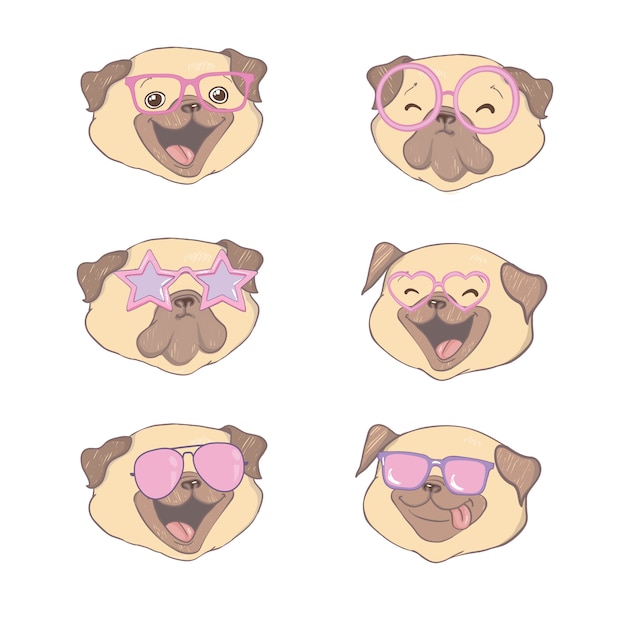 Vector conjunto de cuatro pugs de dibujos animados lindo con gafas.