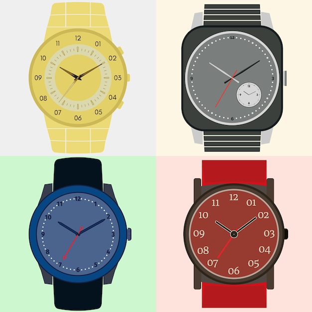 Vector conjunto de cuatro relojes esfera de reloj con manecillas de hora, minuto y segundo vector illustrationxa