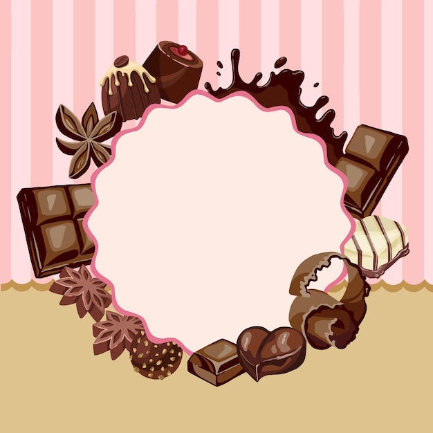 Un conjunto de cuatro tarjetas del Día de San Valentín con varios chocolates dispuestos como ilustración de marcos sin texto de muestra Ilustración de alta calidad