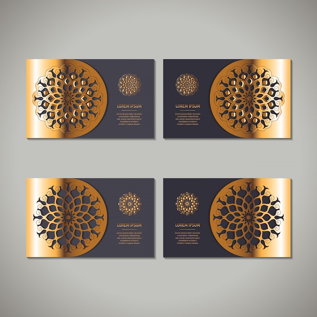 Vector conjunto de cuatro tarjetas ornamentales florales doradas