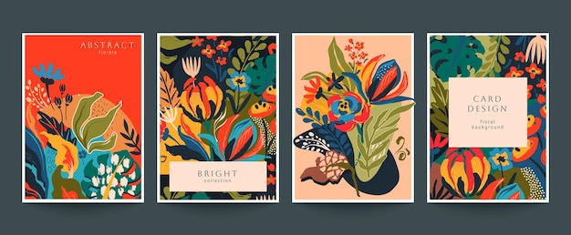 Vector conjunto de cuatro tarjetas prefabricadas vectoriales en estilo moderno con motivos de la naturaleza flores y hojas plantillas para su diseño