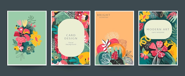 Conjunto de cuatro tarjetas prefabricadas vectoriales en estilo moderno con motivos de la naturaleza flores y hojas
