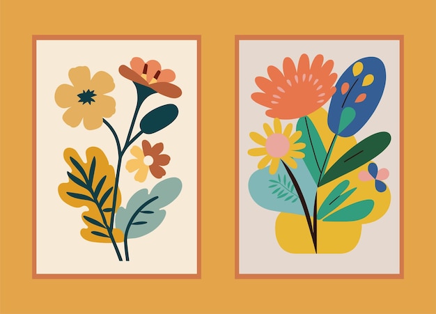 Conjunto de cuatro tarjetas vectoriales con flores y hojas en un estilo plano