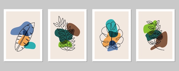 Conjunto de cuatro vectores botánicos de arte de pared en forma de hoja arte de línea abstracta para portadas