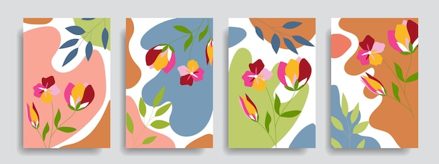 Conjunto de cubiertas abstractas modernas con flores Con un fondo floral brillante