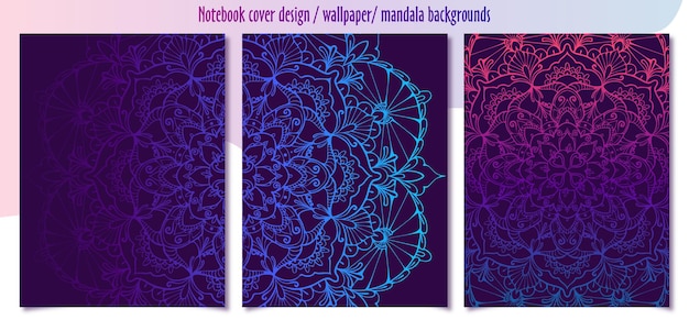 Conjunto de cubiertas para cuadernos mandala de color indio en papel tapiz de fondo negro púrpura