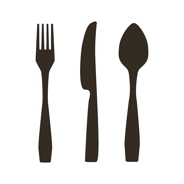 Conjunto de cubiertos negros diseño de cuchillo, cuchara y horquilla vectorial