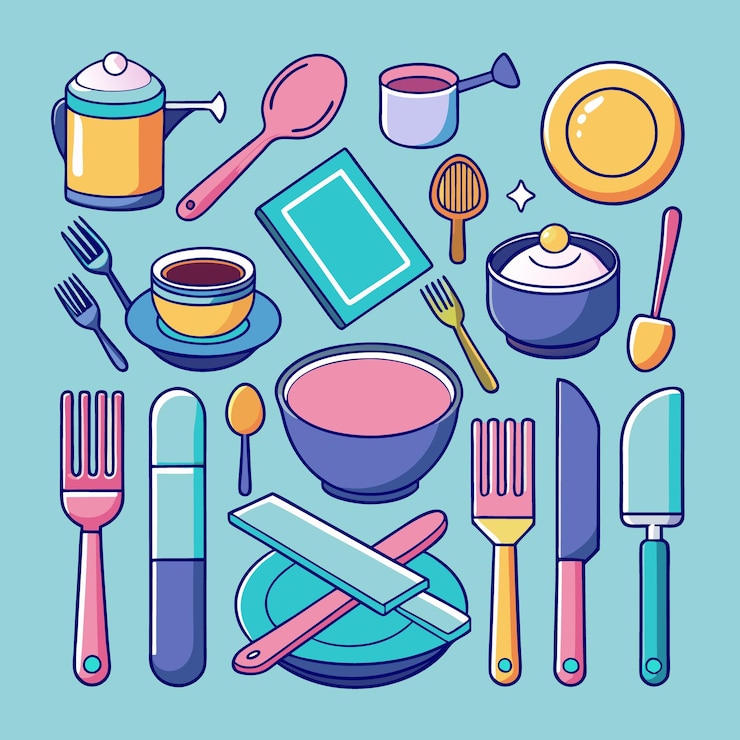 Vector conjunto de cubiertos y platos dibujados a mano en 3d