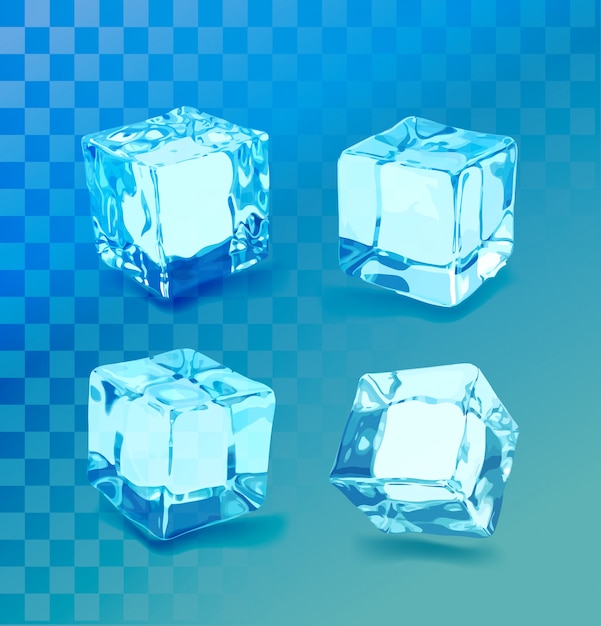 Vector conjunto de cubitos de hielo realista. colección de hielo azul, aislado, actualizar, fondo transparente.