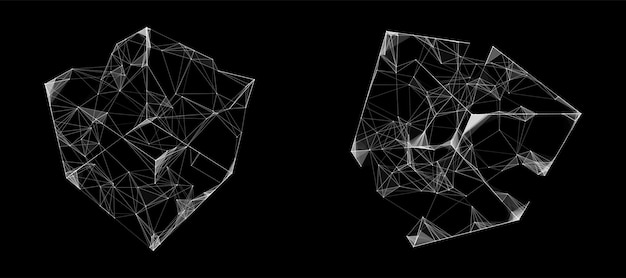 Conjunto de cubo de estructura de alambre deformado desde diferentes lados Objetos geométricos 3D abstractos vectoriales Tecnología