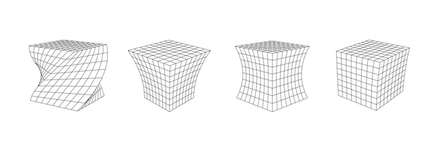Conjunto de cubo de estructura de alambre deformado desde diferentes lados Vector objetos geométricos abstractos 3D Tecnología conexión de red de cadena de bloques