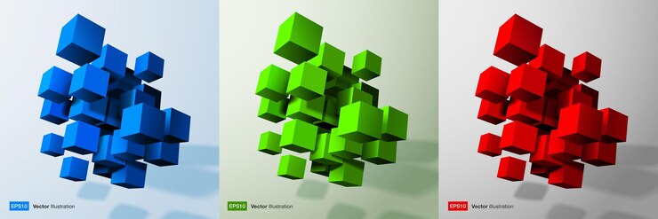 Vector conjunto de cubos 3d. colección de cubos 3d azul, verde, rojo. ilustración vectorial