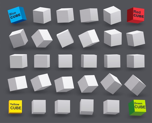 Conjunto de cubos blancos en varios ángulos de inclinación. Modelo 3D de formas geométricas.