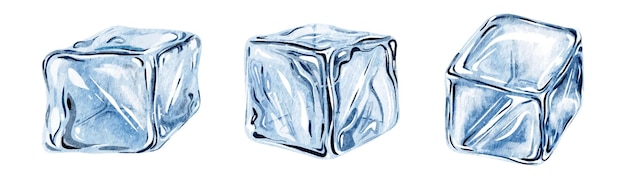 Conjunto de cubos de hielo transparentes Colección de cristal de congelación Agua congelada Ilustración en acuarela