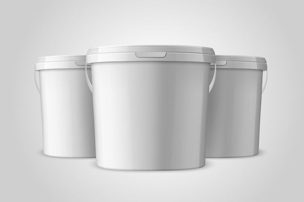 Conjunto de cubos de plástico blanco 3d realistas vectoriales para productos alimenticios Pintura Adhesivos alimentarios Cebadores Masilla Primer plano aislado en la plantilla de diseño de fondo blanco de Packagin para la vista frontal de la maqueta