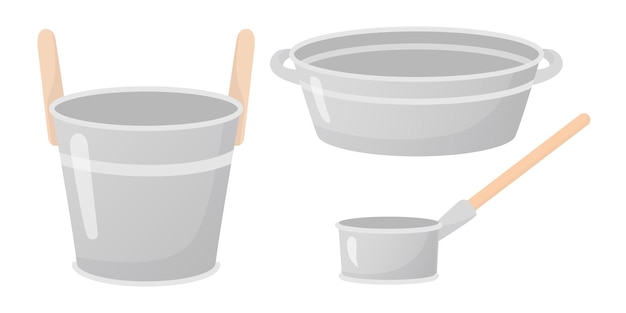 Conjunto de cuchara de cuenca galvanizada de metal de hierro con ilustración de estilo plano de mango de madera