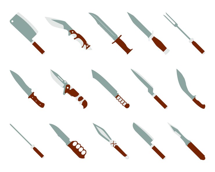 Vector conjunto de cuchillo machete daga en un diseño plano cuchillos o cuchillas de arma de combate coloridos cuchillos de combate o dagas en estilo de dibujos animados