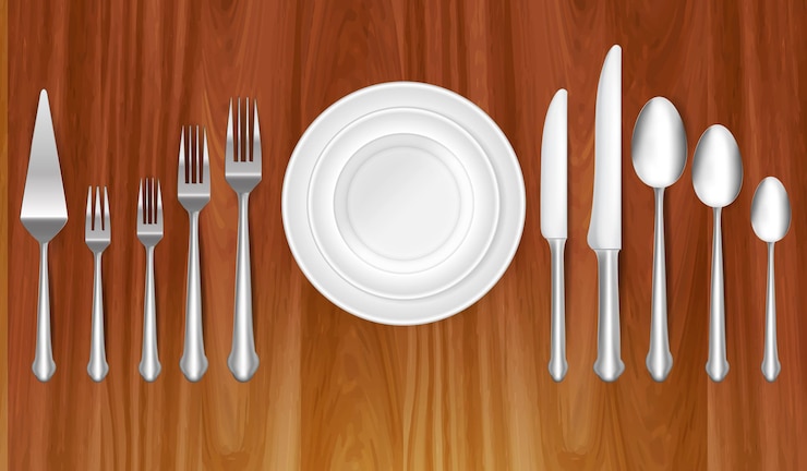 Vector conjunto de cuchillo, tenedor y cuchara realistas en concepto de cena de mesa o concepto de etiqueta de comer eps vect