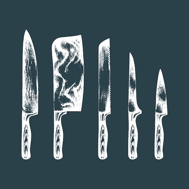 Conjunto de cuchillos de chefs de cocina dibujados a mano vectorial Ilustración de herramientas de carniceroColección de bocetos para restaurante de carnicería, etc.