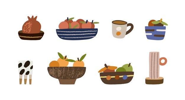Conjunto de cuencos hechos a mano con frutas, platos, ollas, tazas y tazas Cerámica linda de diferentes tamaños y formas para una acogedora decoración interior Ilustración vectorial plana de la decoración del hogar aislada en blanco