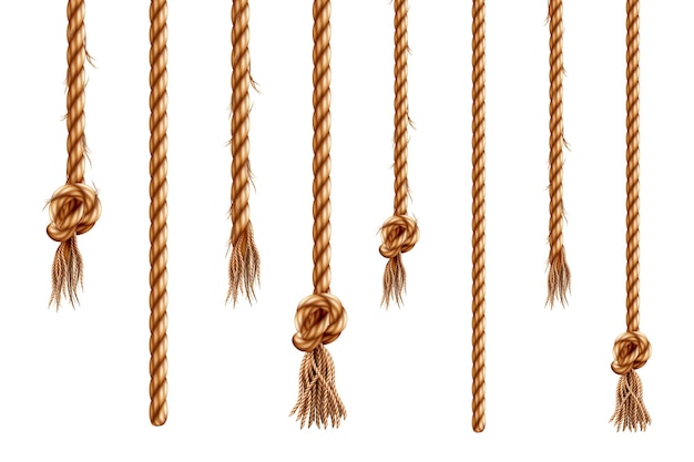 Conjunto de cuerdas colgantes aisladas con borlas d hilo de cáñamo con pincel y nudo deshilachado realista