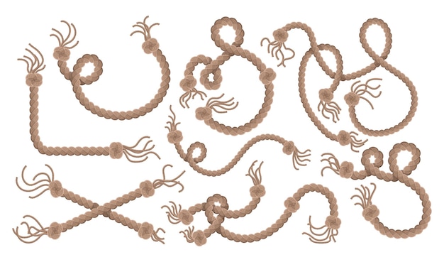 Conjunto de cuerdas colgantes con borla y nodo de hilo náutico tricotado o fibras verticales marinas cuerdas textiles colgando en cuerdas aisladas sobre fondo blanco Ilustración vectorial