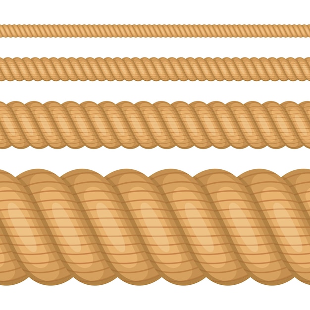 Vector conjunto de cuerdas de diferentes espesores cuerda náutica retorcida cuerda de hilo marrón en estilo de dibujos animados plano